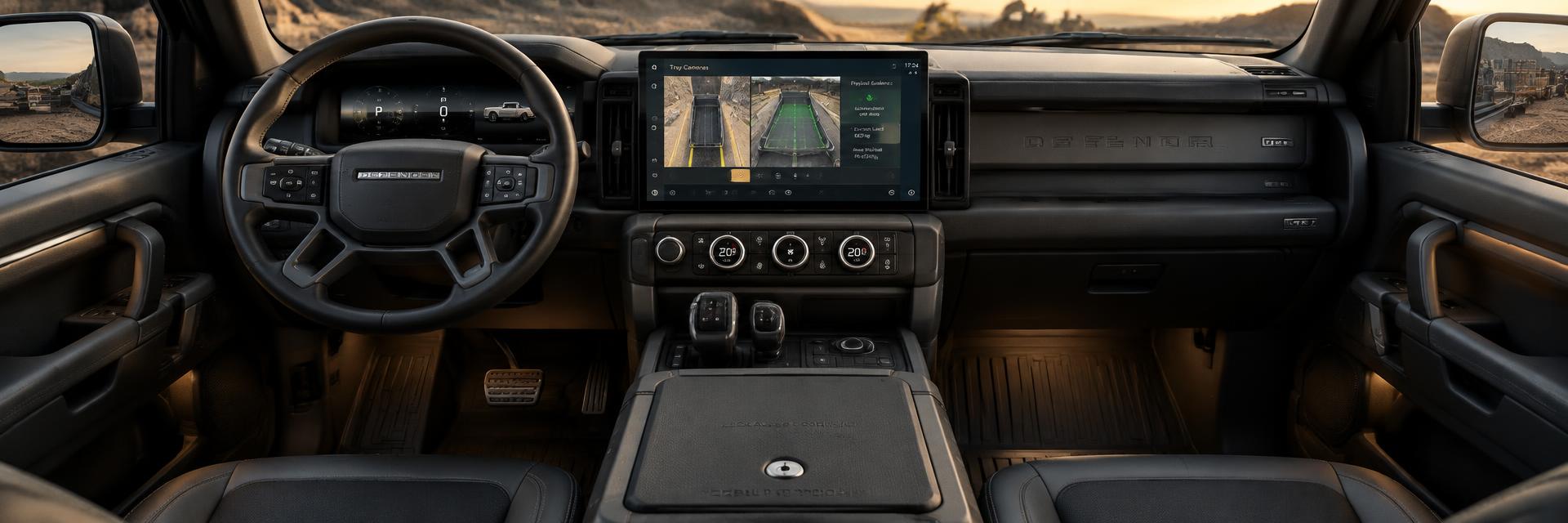 Cabin interior concept of a NEW Defender UTE showing tray camera display and payload guidance on the central touchscreen on www.defender-accessories.com