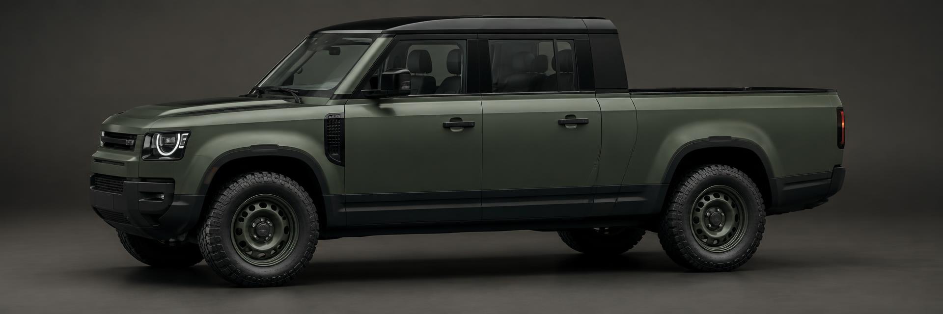 Side profile of a matte forest-green NEW Defender dual-cab UTE styling concept created for www.defender-accessories.com