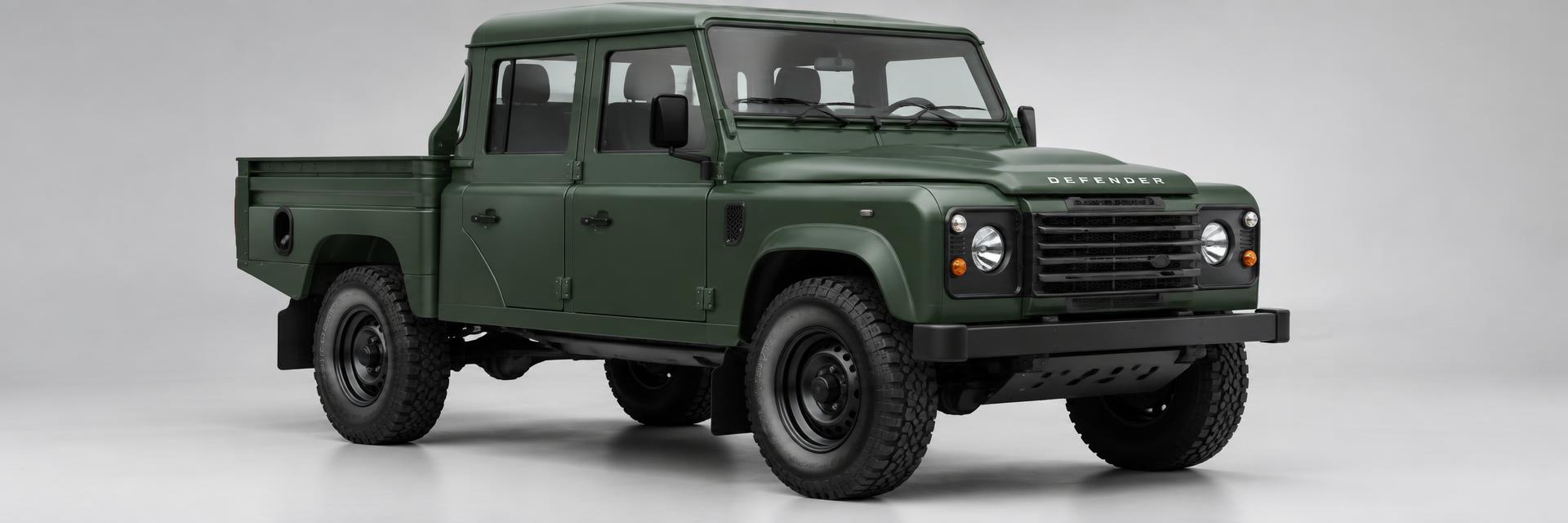 Front three-quarter view of a matte forest-green NEW Defender dual-cab UTE styling concept created for www.defender-accessories.com