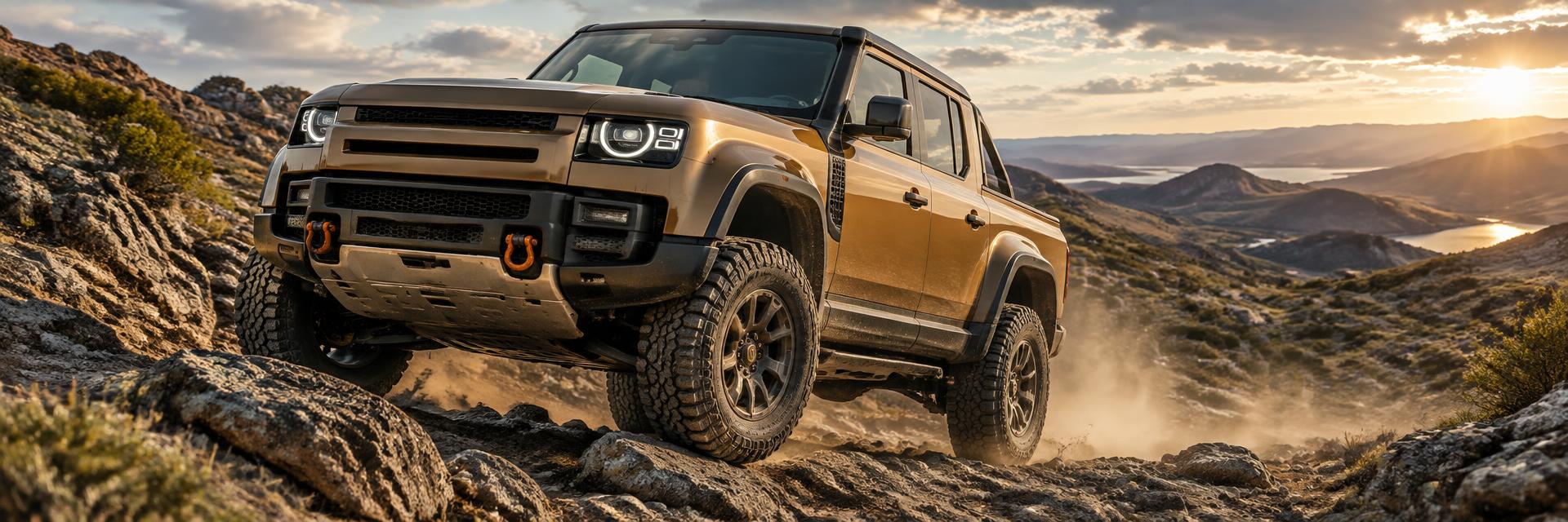 Bronze NEW Defender UTE concept climbing rocky terrain on all-terrain tyres – off-road hardware concept on www.defender-accessories.com