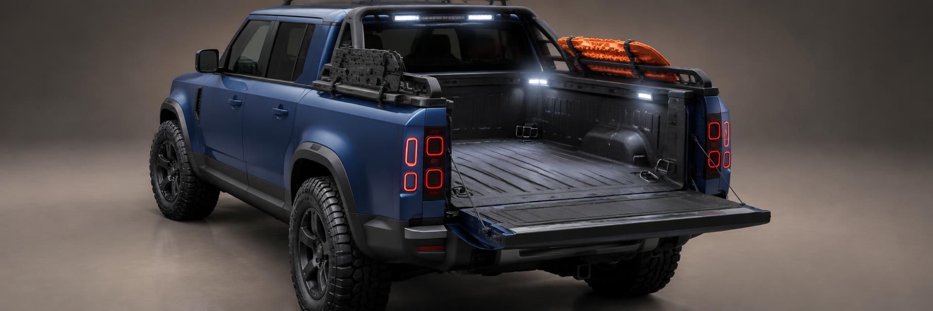 Deep-blue NEW Defender UTE concept showing its load tray, tie-downs, sports bar and work lighting on www.defender-accessories.com