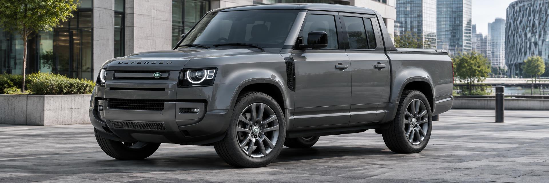 Civilian-spec glossy grey Defender dual-cab UTE concept in an urban setting on www.defender-accessories.com