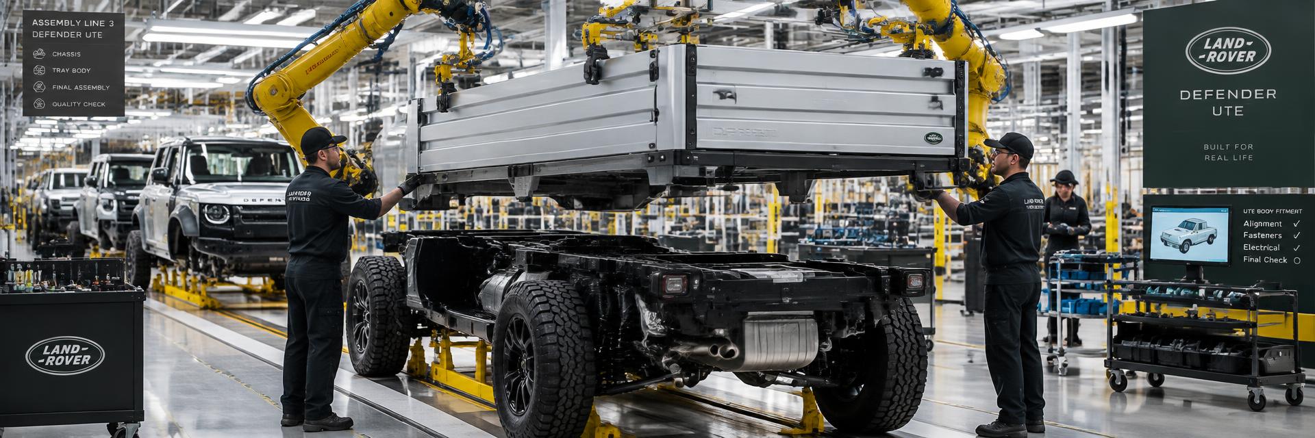 Concept of a modern factory production line assembling Defender UTE pickup bodies on www.defender-accessories.com