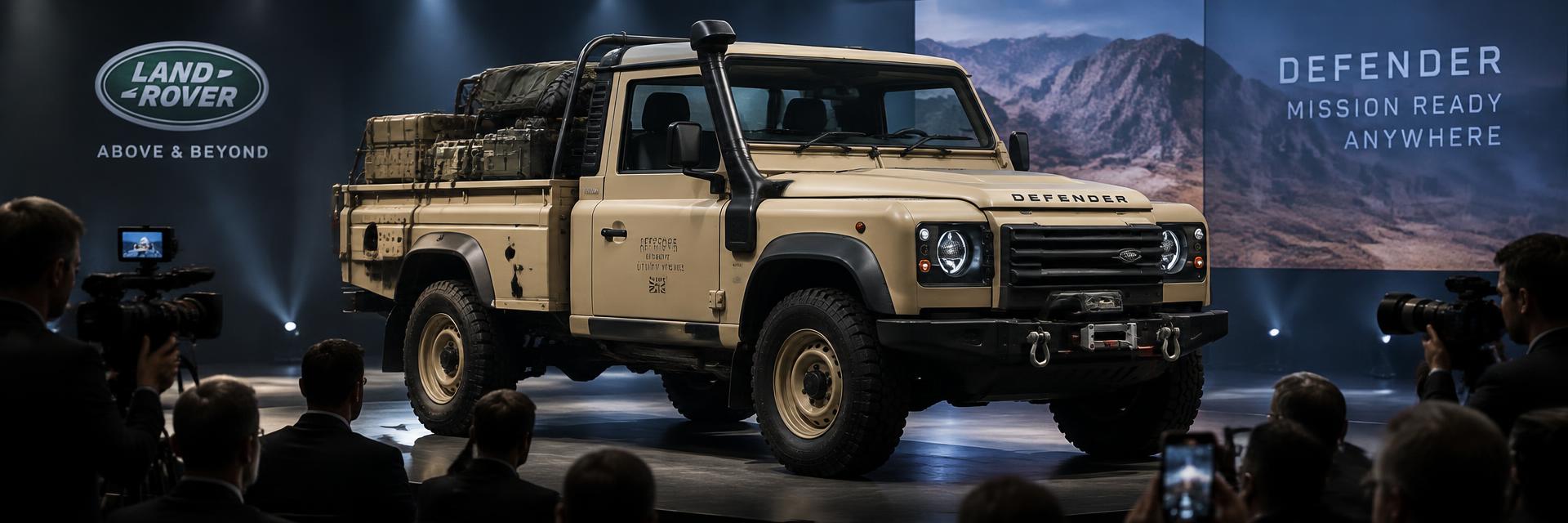 Defender military utility vehicle concept at a formal press reveal event under stage lighting on www.defender-accessories.com
