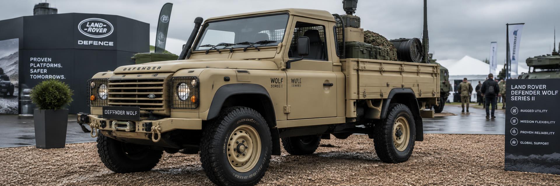 Desert-tan Defender Wolf Series II utility vehicle concept at a defence exhibition showground on www.defender-accessories.com