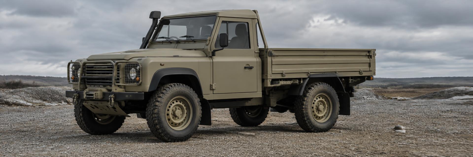 Military-style single-cab Defender utility pickup concept in desert tan illustrating Wolf Series II news on www.defender-accessories.com